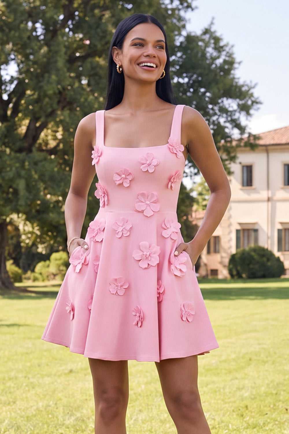 A-Line Blue Square Neck Homecoming Dress with 3D Flowers