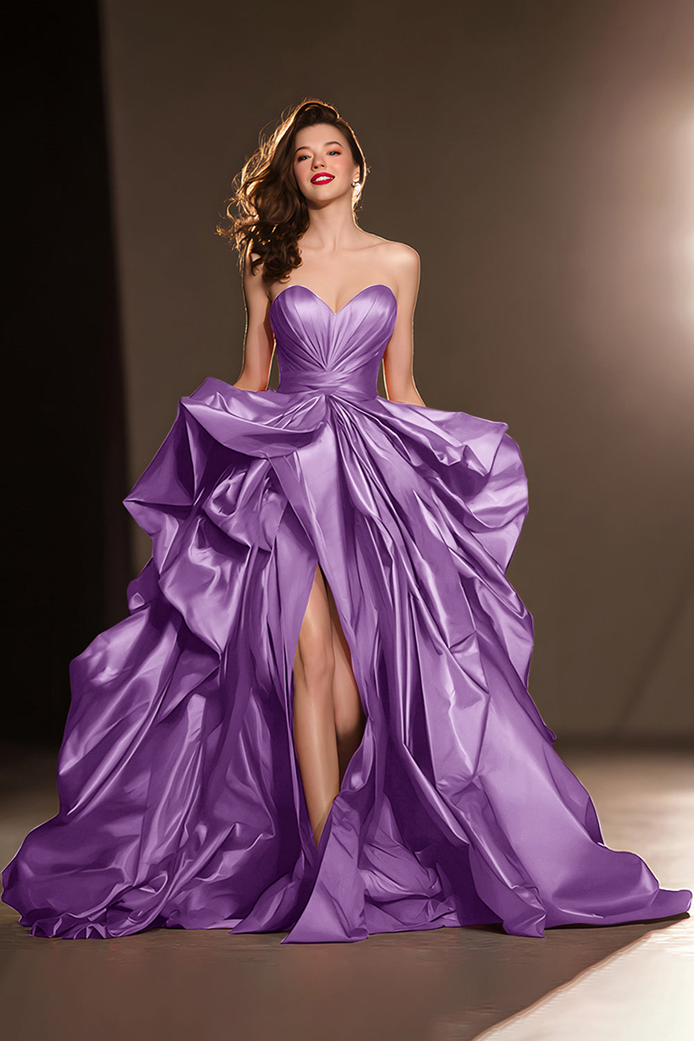 A Line Sweetheart Dark Red Ruffle Prom Dress with Slit