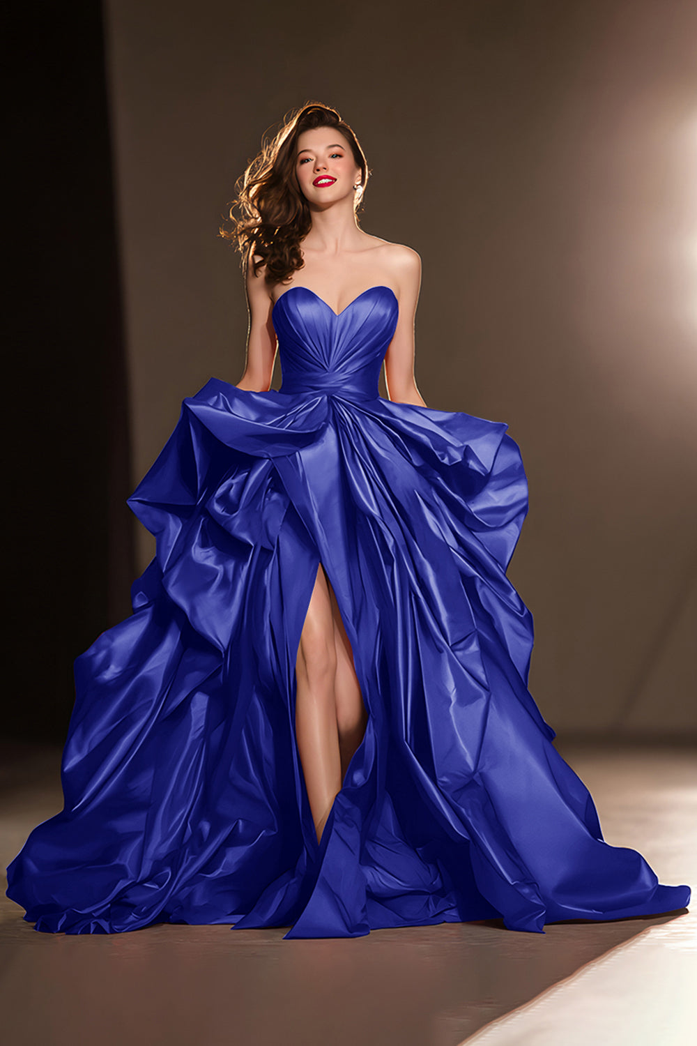 A Line Sweetheart Dark Red Ruffle Prom Dress with Slit