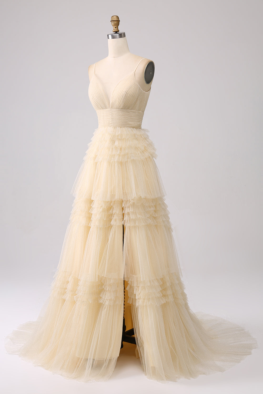 A Line Spaghetti Straps Navy Tiered Long Prom Dress with Ruffles