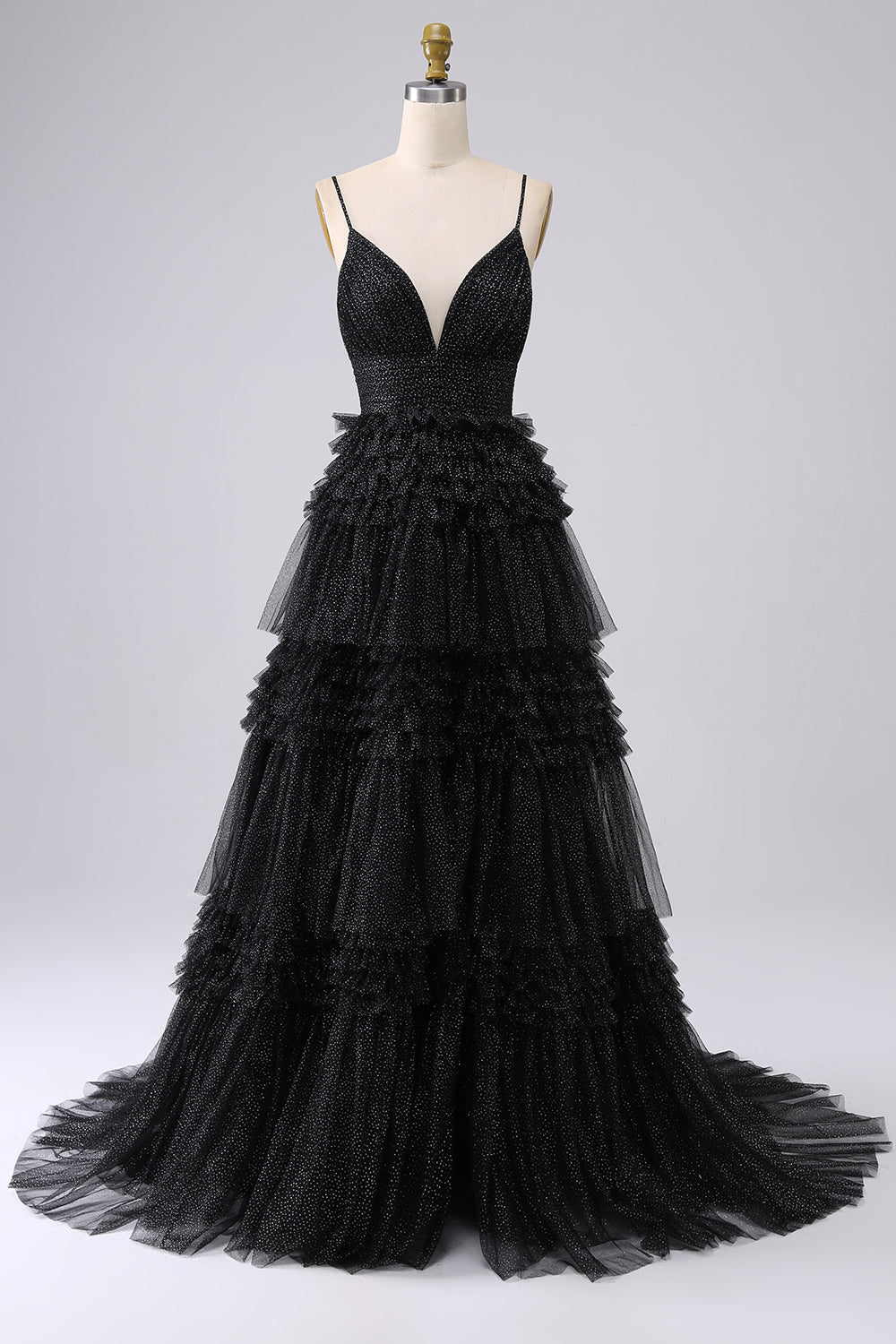 A Line Spaghetti Straps Navy Tiered Long Prom Dress with Ruffles