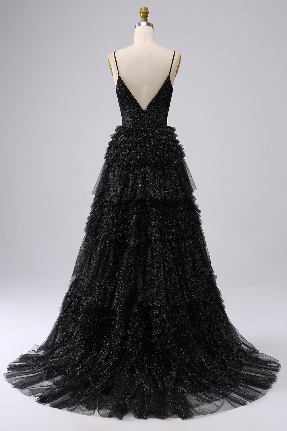A Line Spaghetti Straps Navy Tiered Long Prom Dress with Ruffles