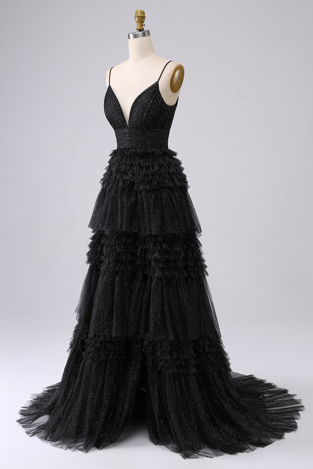 A Line Spaghetti Straps Navy Tiered Long Prom Dress with Ruffles