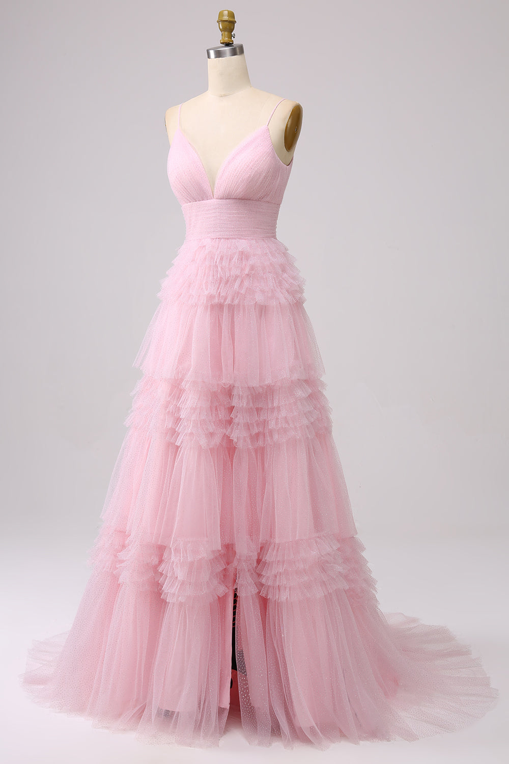 A Line Spaghetti Straps Navy Tiered Long Prom Dress with Ruffles