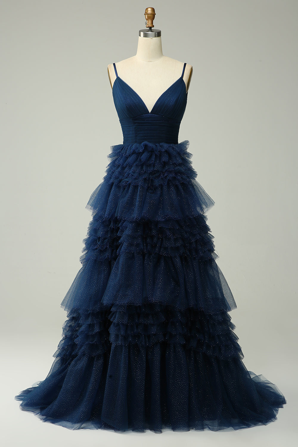 A Line Spaghetti Straps Navy Tiered Long Prom Dress with Ruffles