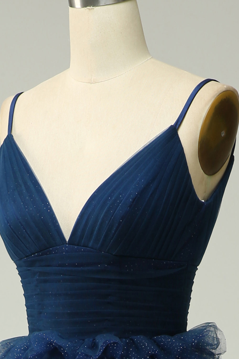 A Line Spaghetti Straps Navy Tiered Long Prom Dress with Ruffles