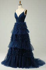 A Line Spaghetti Straps Navy Tiered Long Prom Dress with Ruffles