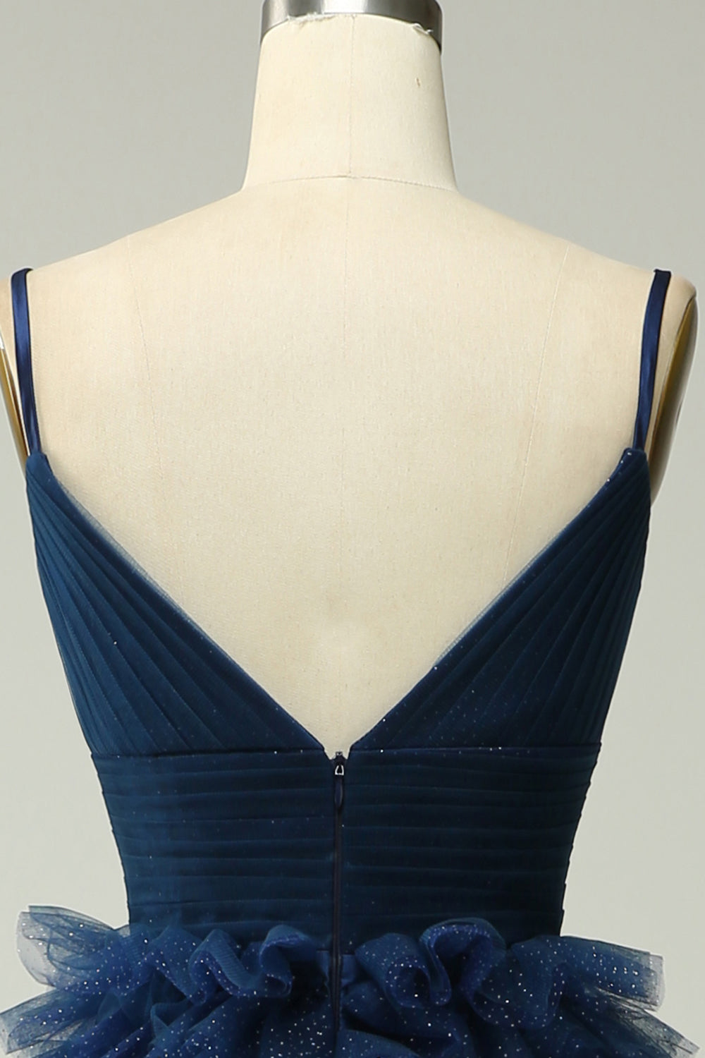 A Line Spaghetti Straps Navy Tiered Long Prom Dress with Ruffles