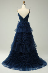 A Line Spaghetti Straps Navy Tiered Long Prom Dress with Ruffles