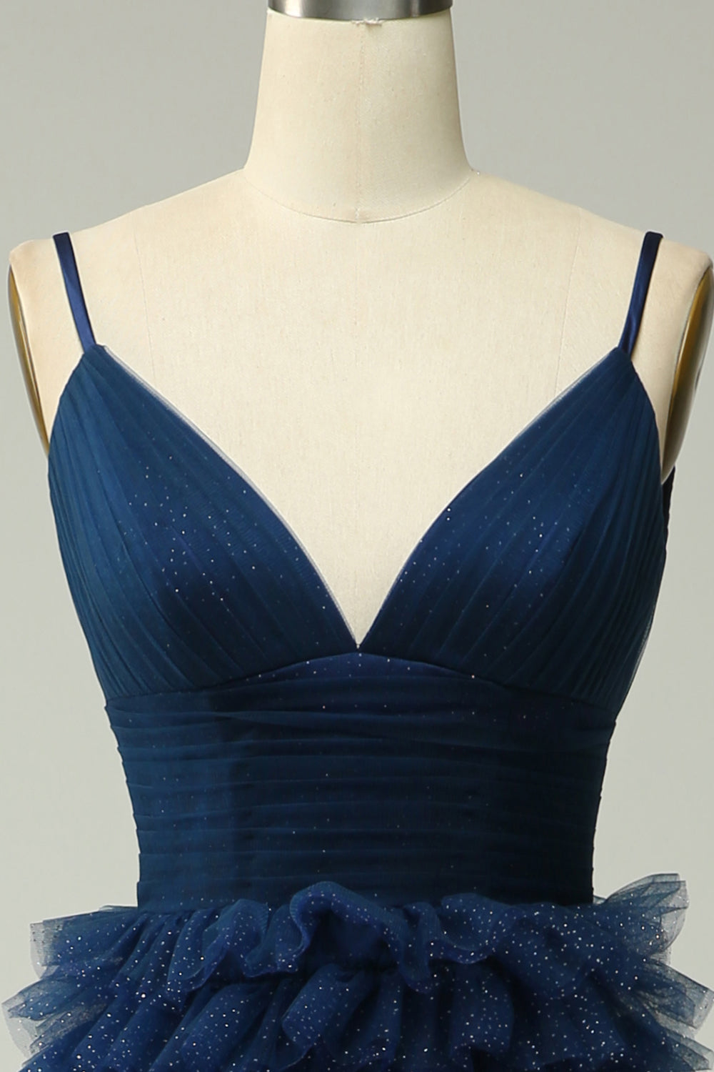 A Line Spaghetti Straps Navy Tiered Long Prom Dress with Ruffles