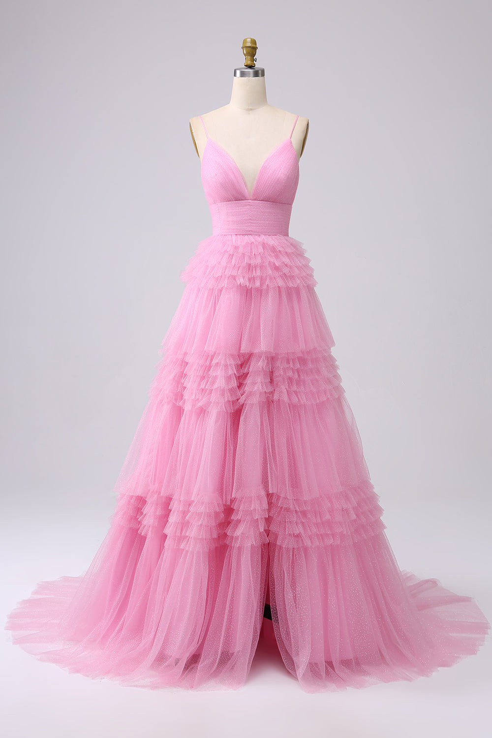 A Line Spaghetti Straps Navy Tiered Long Prom Dress with Ruffles