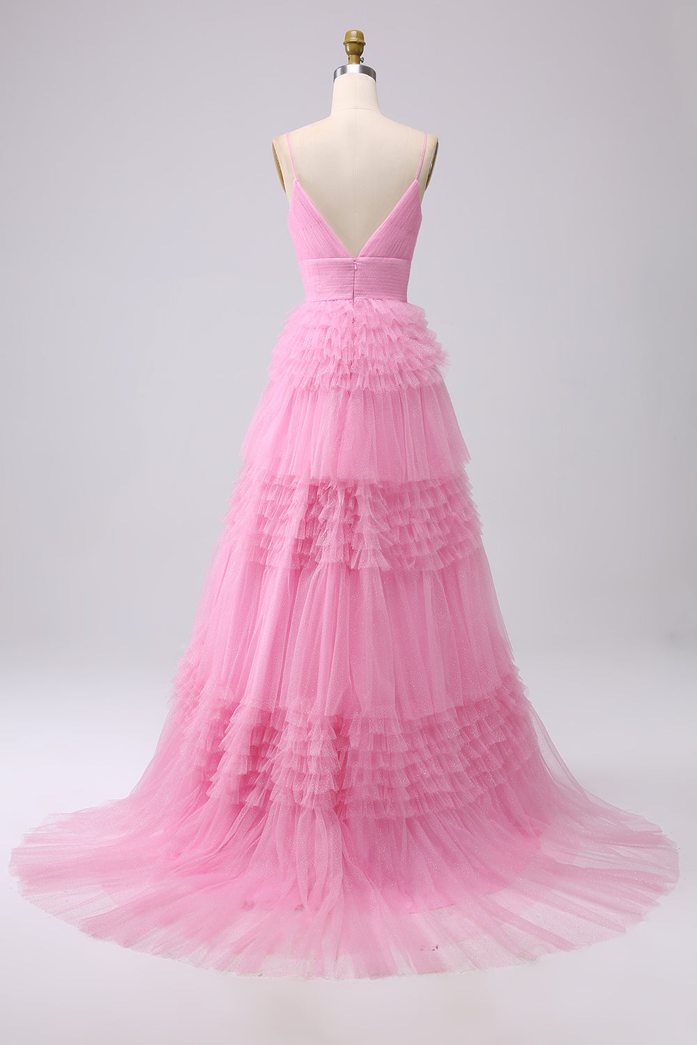 A Line Spaghetti Straps Navy Tiered Long Prom Dress with Ruffles