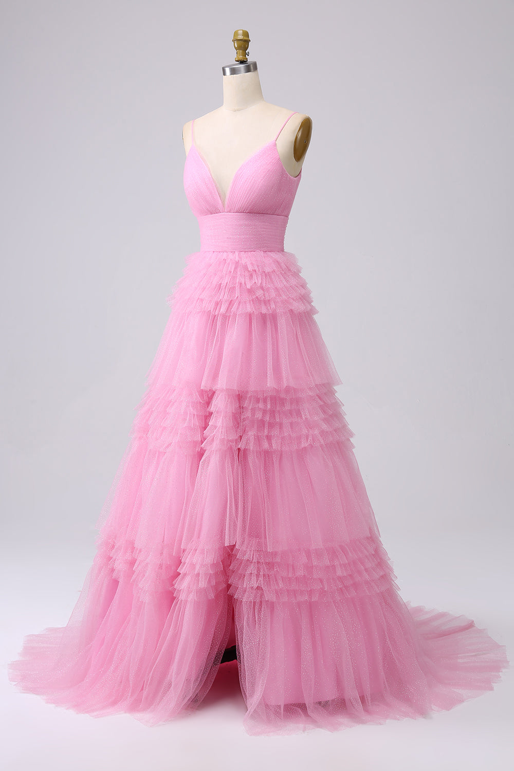 A Line Spaghetti Straps Navy Tiered Long Prom Dress with Ruffles