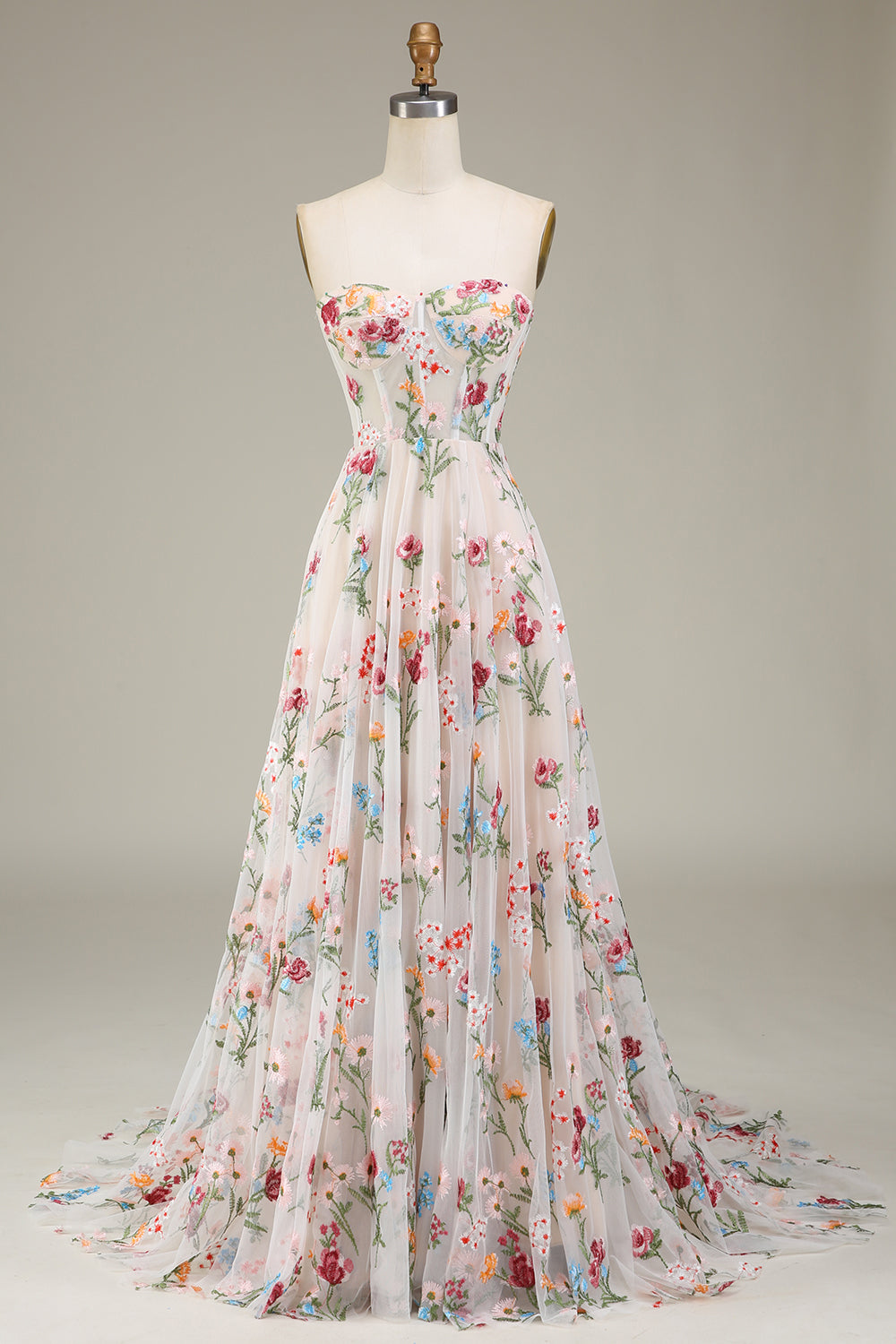 A-Line Sweetheart Sheer Corset Embroidered Maxi Floral Dress with Lace Up Back