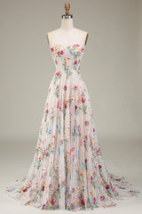 A-Line Sweetheart Sheer Corset Embroidered Maxi Floral Dress with Lace Up Back