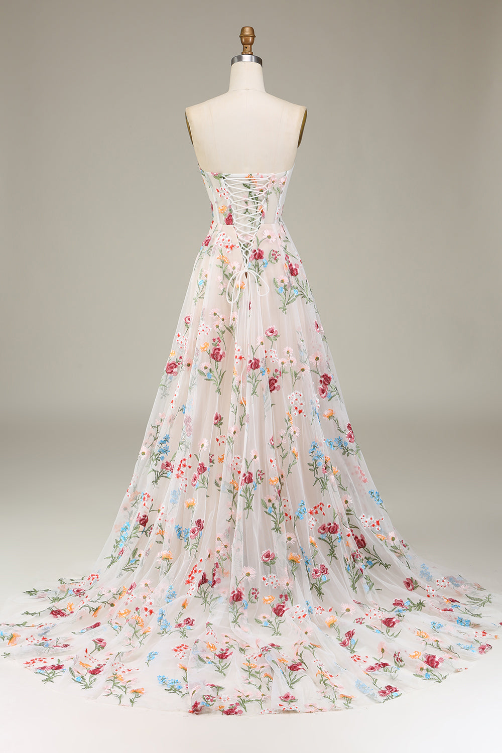 A-Line Sweetheart Sheer Corset Embroidered Maxi Floral Dress with Lace Up Back