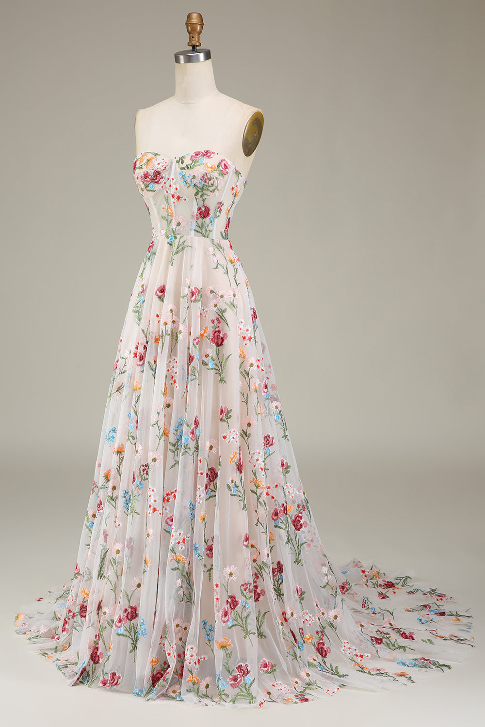 A-Line Sweetheart Sheer Corset Embroidered Maxi Floral Dress with Lace Up Back