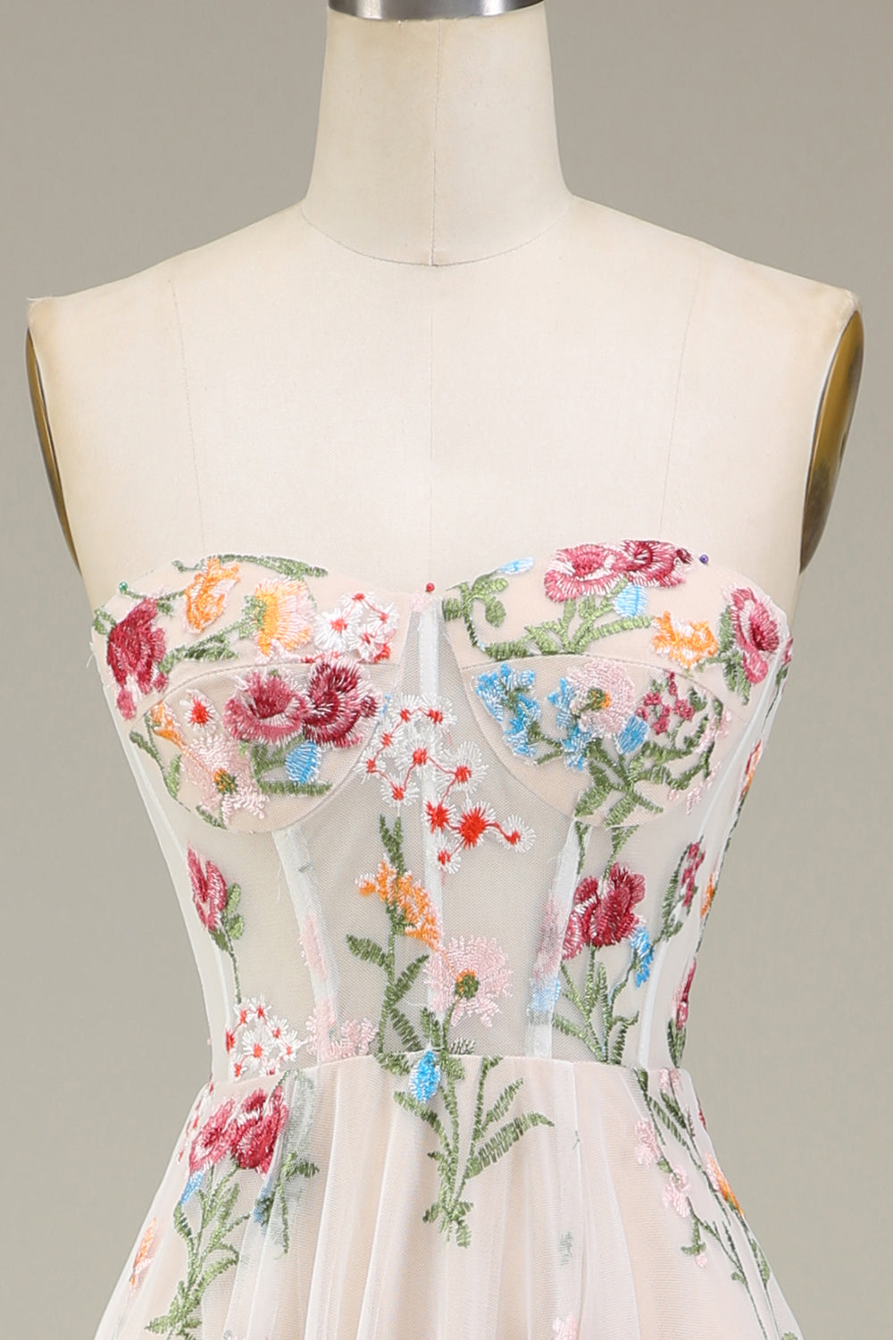A-Line Sweetheart Sheer Corset Embroidered Maxi Floral Dress with Lace Up Back