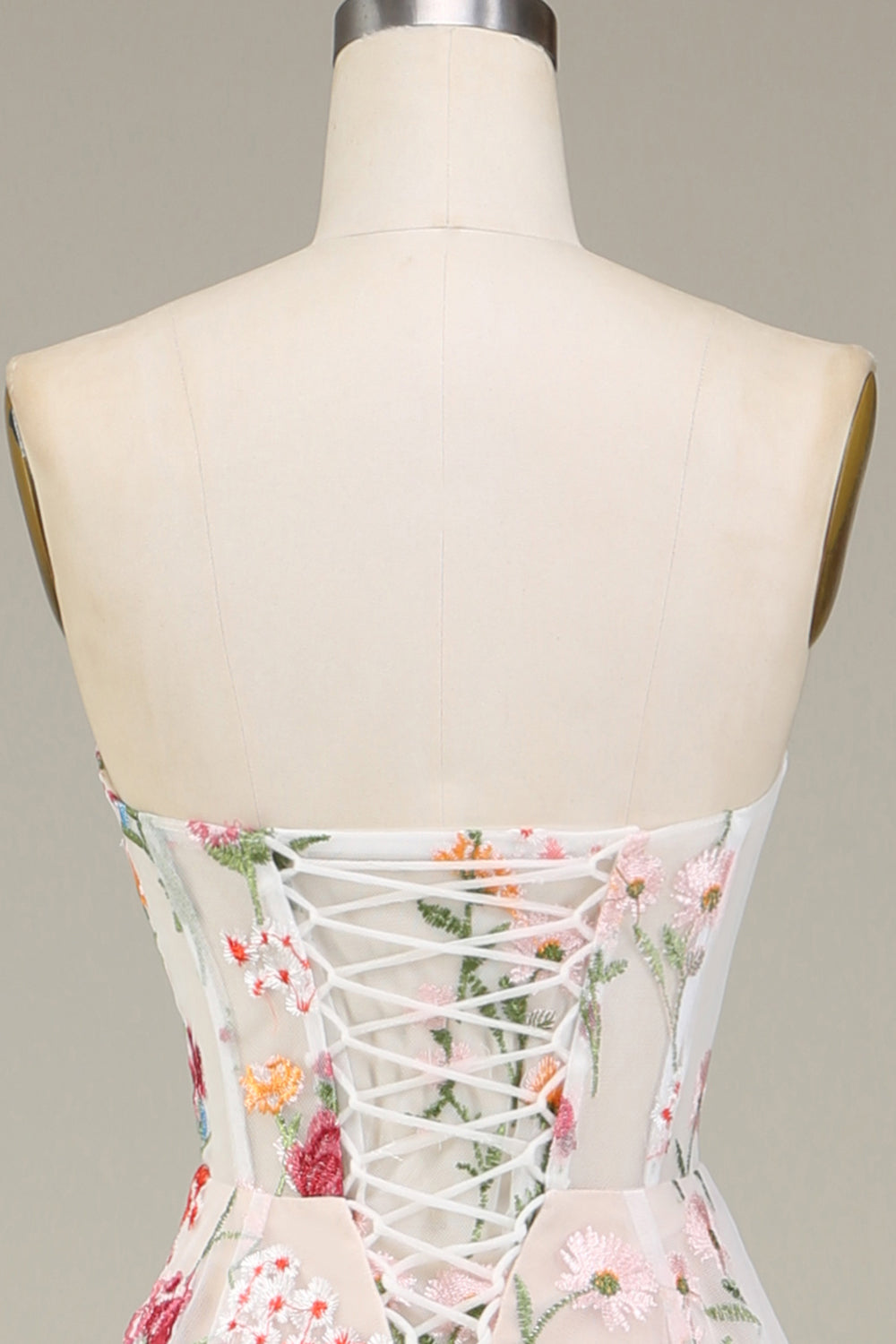 A-Line Sweetheart Sheer Corset Embroidered Maxi Floral Dress with Lace Up Back