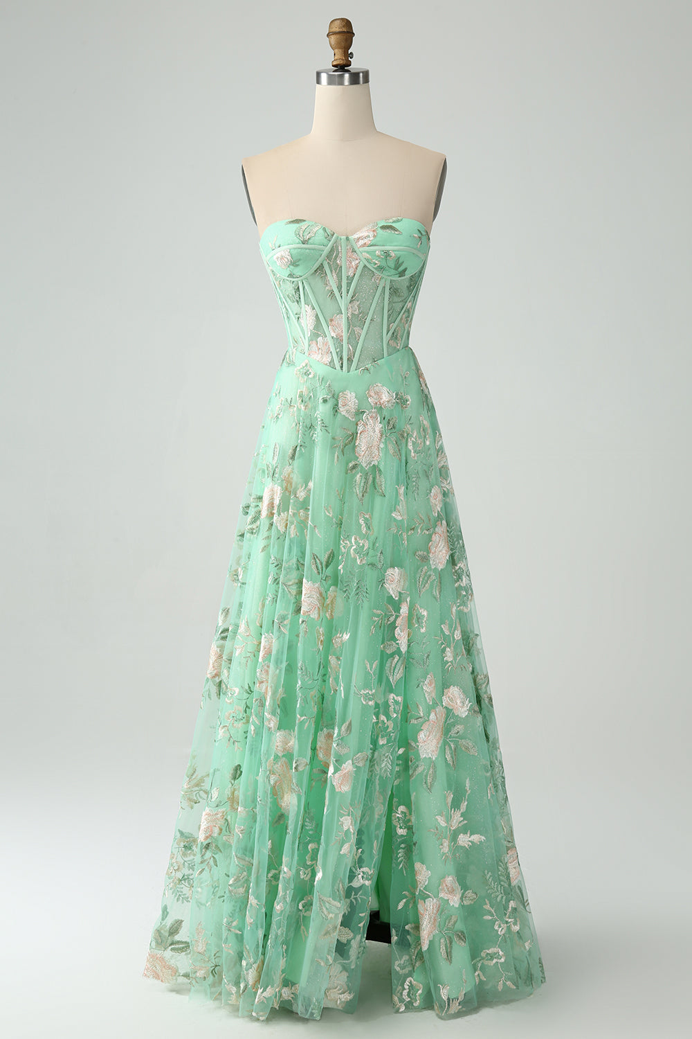 A-Line Light Green Corset Prom Dress with Embroidery