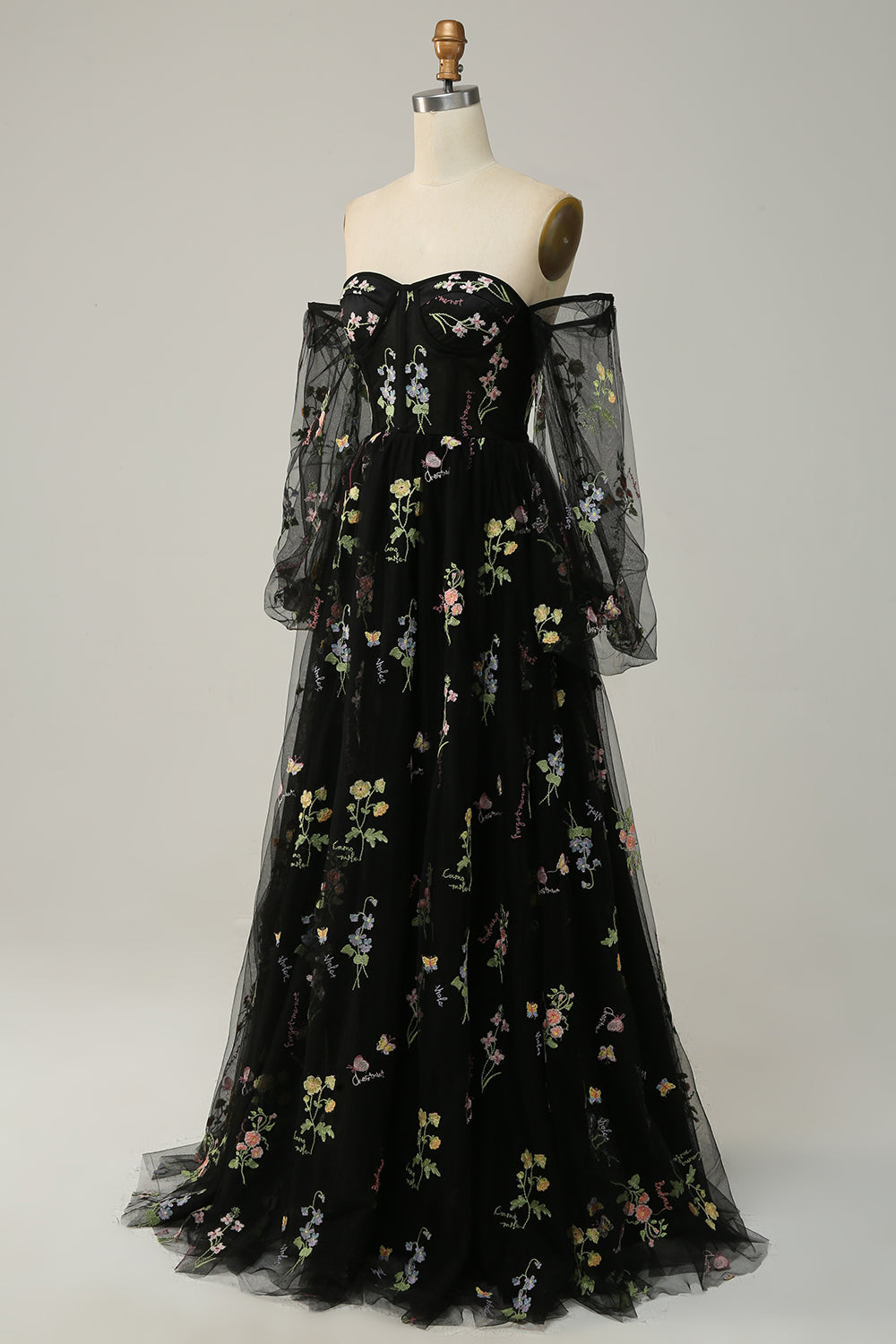 A Line Off The Shoulder Long Sleeves Champagne Tull Prom Dress with Embroidery