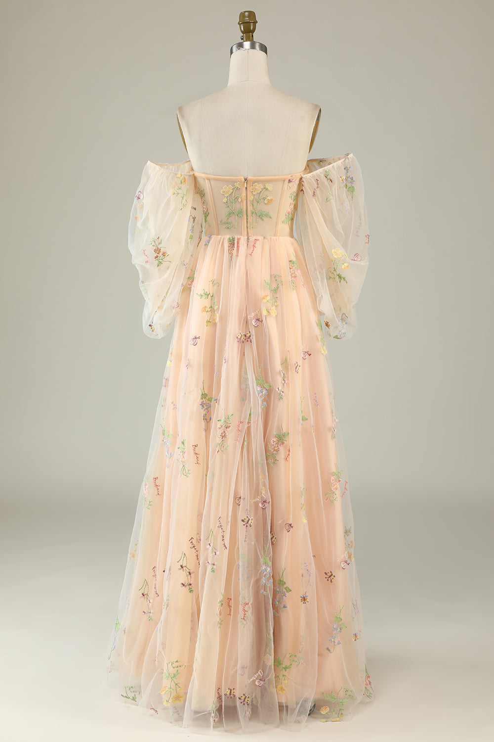 A Line Off The Shoulder Long Sleeves Champagne Tull Prom Dress with Embroidery