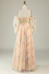 A Line Off The Shoulder Long Sleeves Champagne Tull Prom Dress with Embroidery