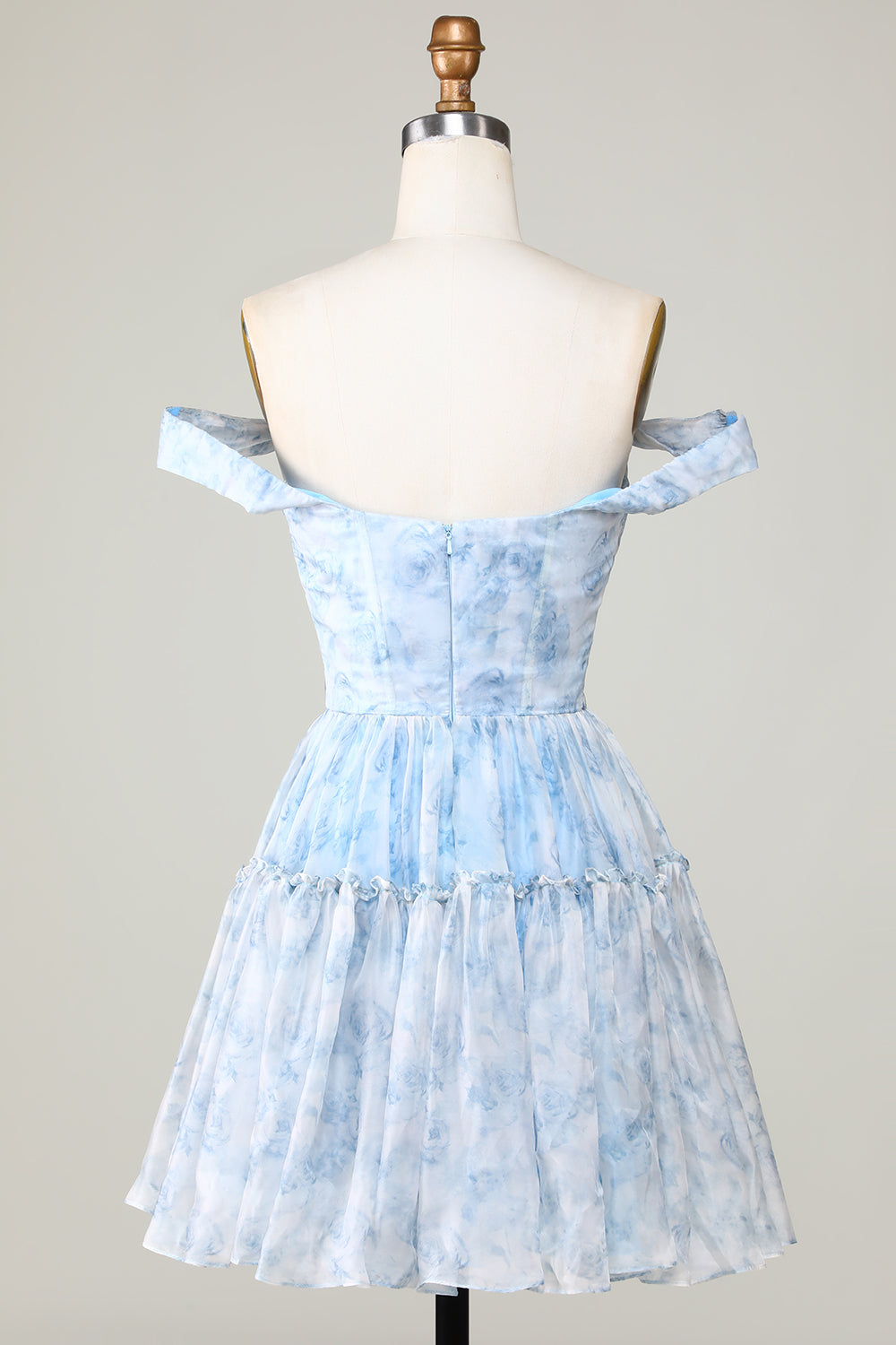 A Line Cute Blush Off The Shoulder Floral Print Short Homecoming Dress with Ruffles