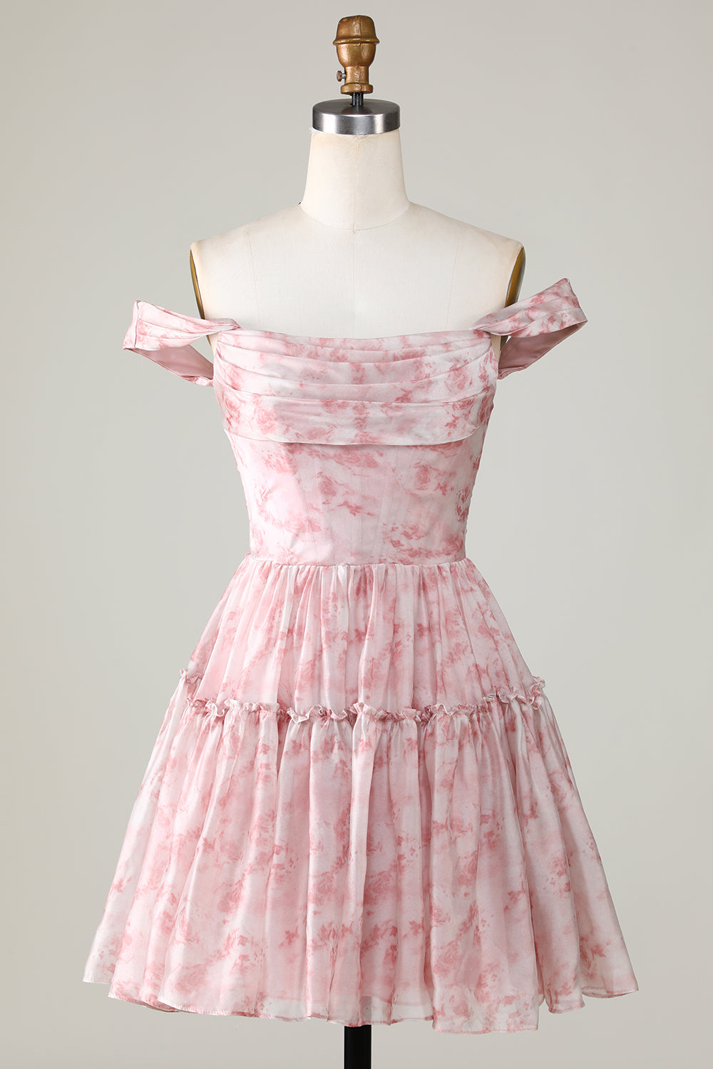 A Line Cute Blush Off The Shoulder Floral Print Short Homecoming Dress with Ruffles