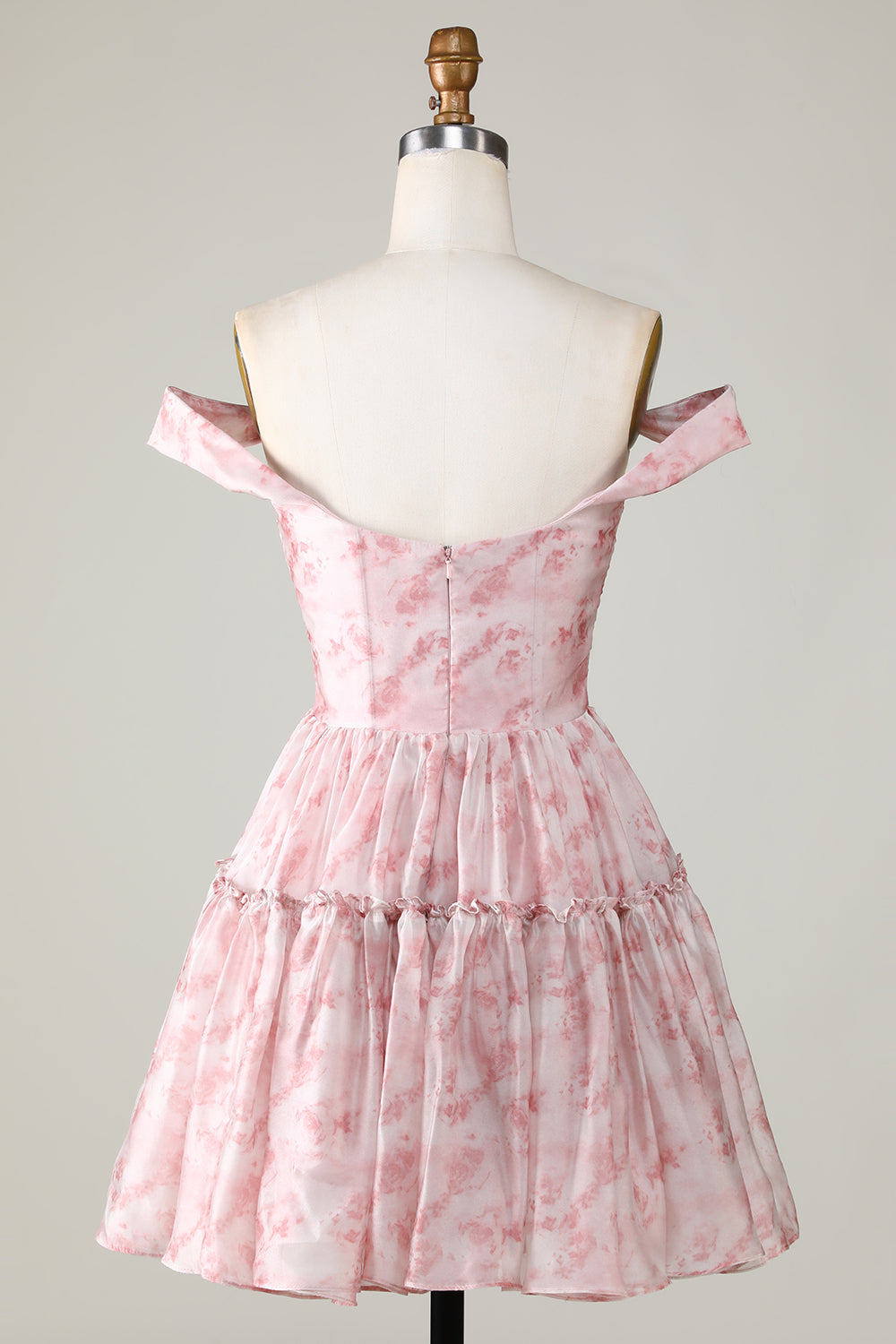 A Line Cute Blush Off The Shoulder Floral Print Short Homecoming Dress with Ruffles