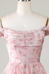 A Line Cute Blush Off The Shoulder Floral Print Short Homecoming Dress with Ruffles