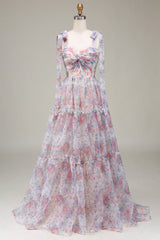 A-Line Spaghetti Straps Lilac Flower Printed Prom Dress