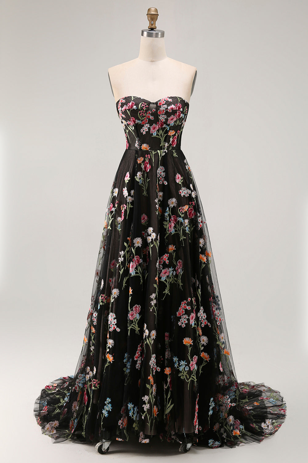 A-Line Sweetheart Sheer Corset Embroidered Maxi Floral Dress with Lace Up Back