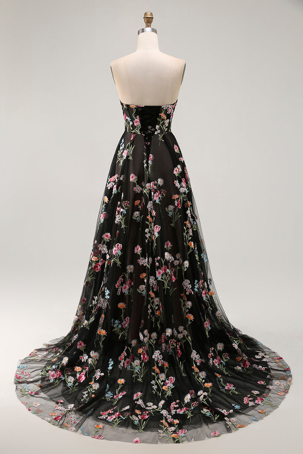 A-Line Sweetheart Sheer Corset Embroidered Maxi Floral Dress with Lace Up Back