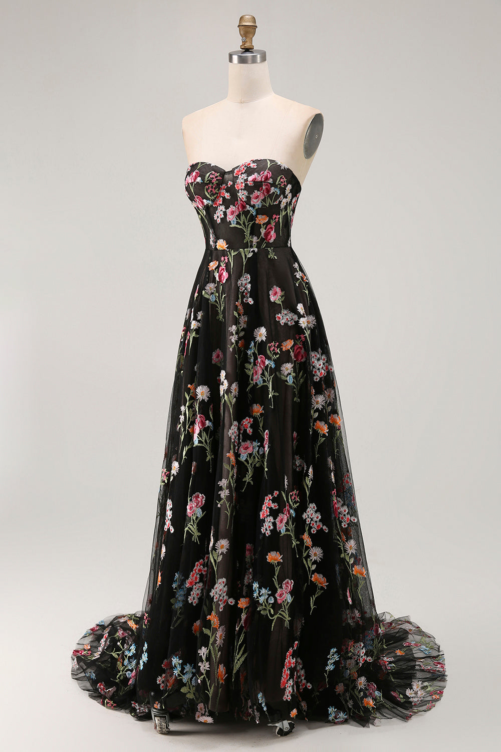 A-Line Sweetheart Sheer Corset Embroidered Maxi Floral Dress with Lace Up Back