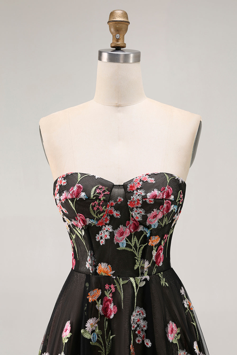 A-Line Sweetheart Sheer Corset Embroidered Maxi Floral Dress with Lace Up Back