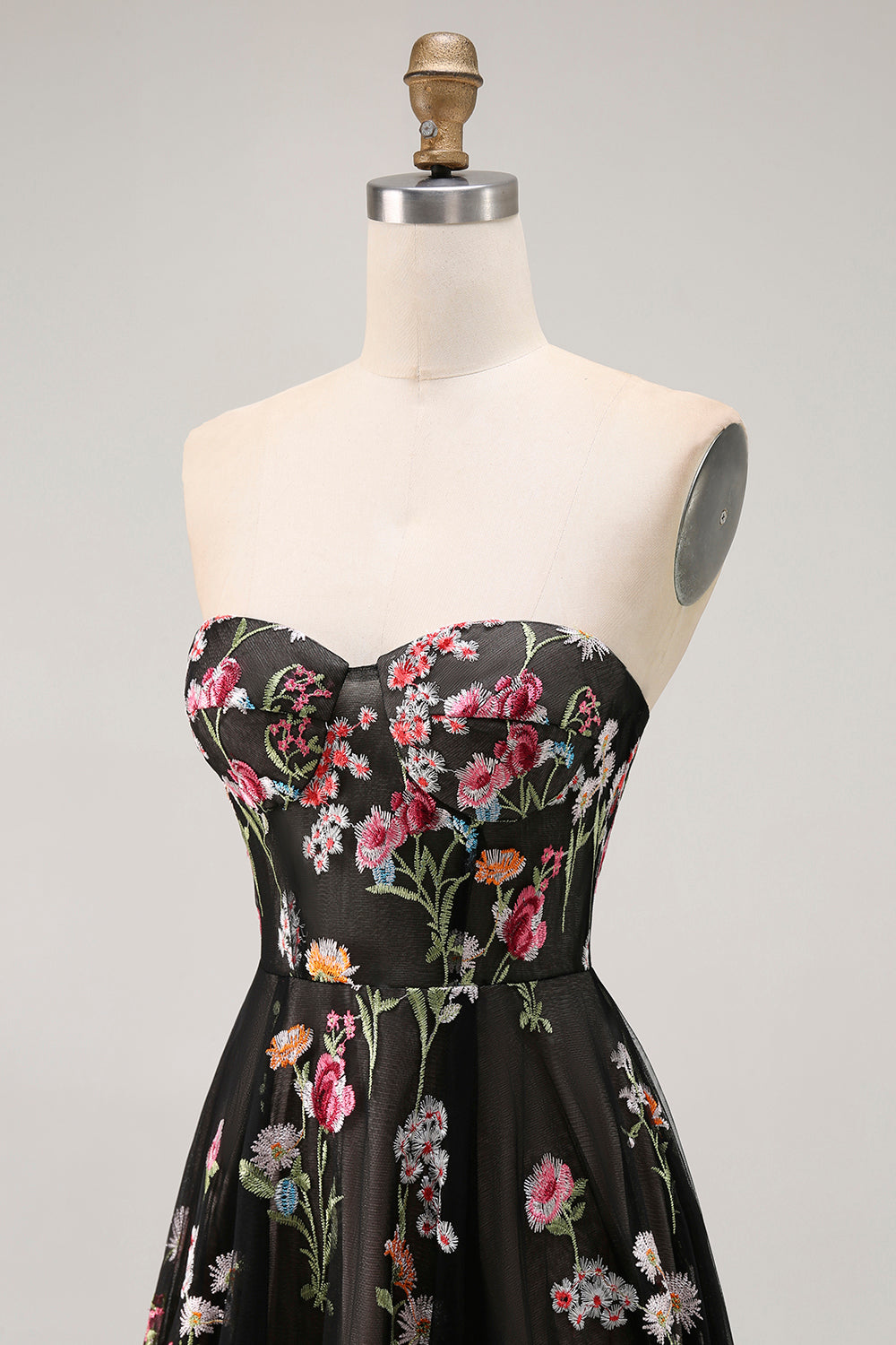 A-Line Sweetheart Sheer Corset Embroidered Maxi Floral Dress with Lace Up Back