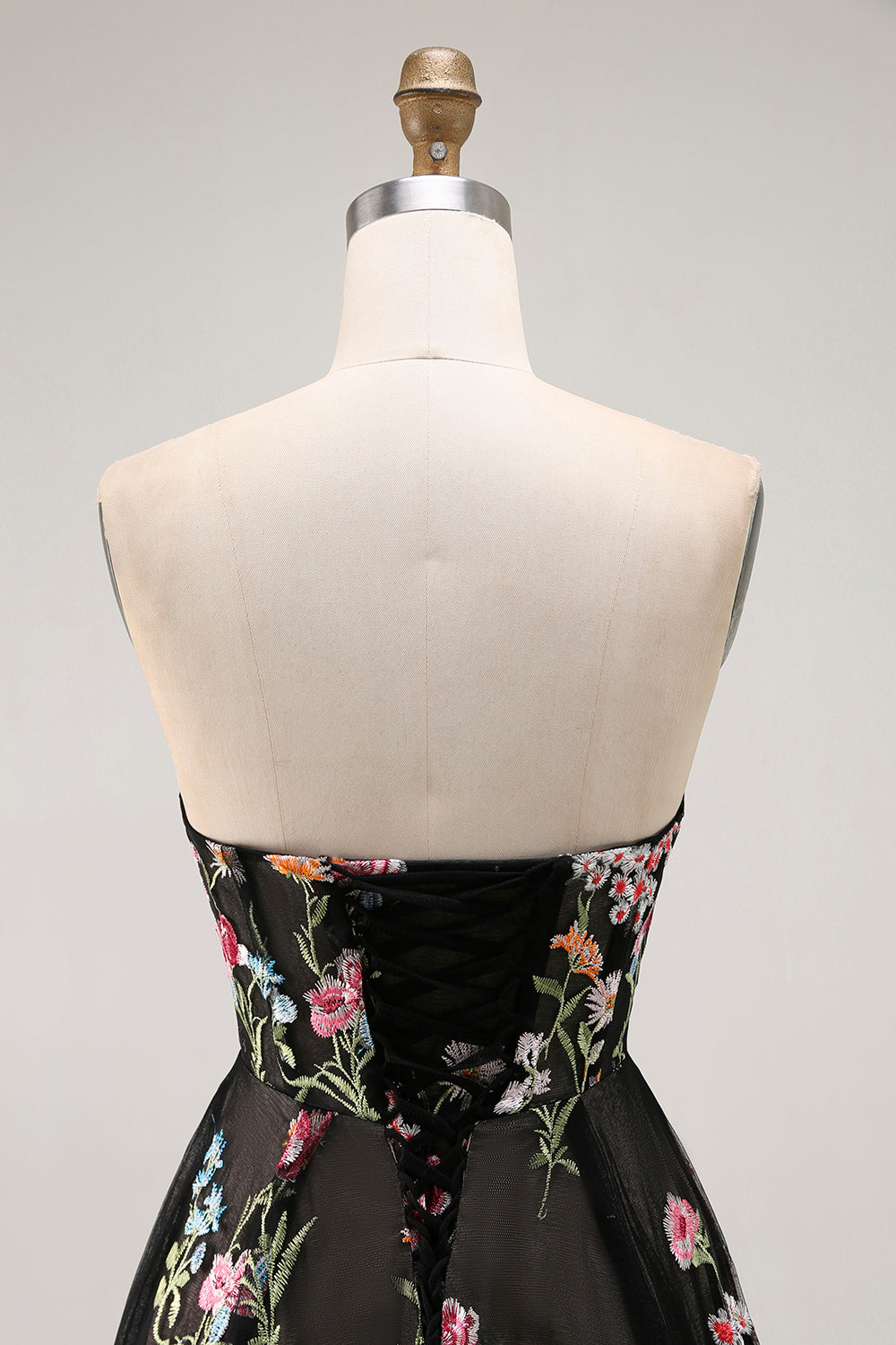 A-Line Sweetheart Sheer Corset Embroidered Maxi Floral Dress with Lace Up Back
