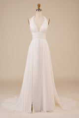 A-Line Halter Ivory Sweep Train Wedding Dress with Slit