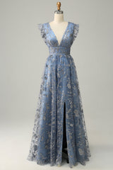 A Line Deep V Neck Grey Blue Plus Size Prom Dress with Sequins