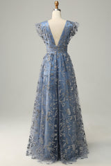 A Line Deep V Neck Grey Blue Plus Size Prom Dress with Sequins