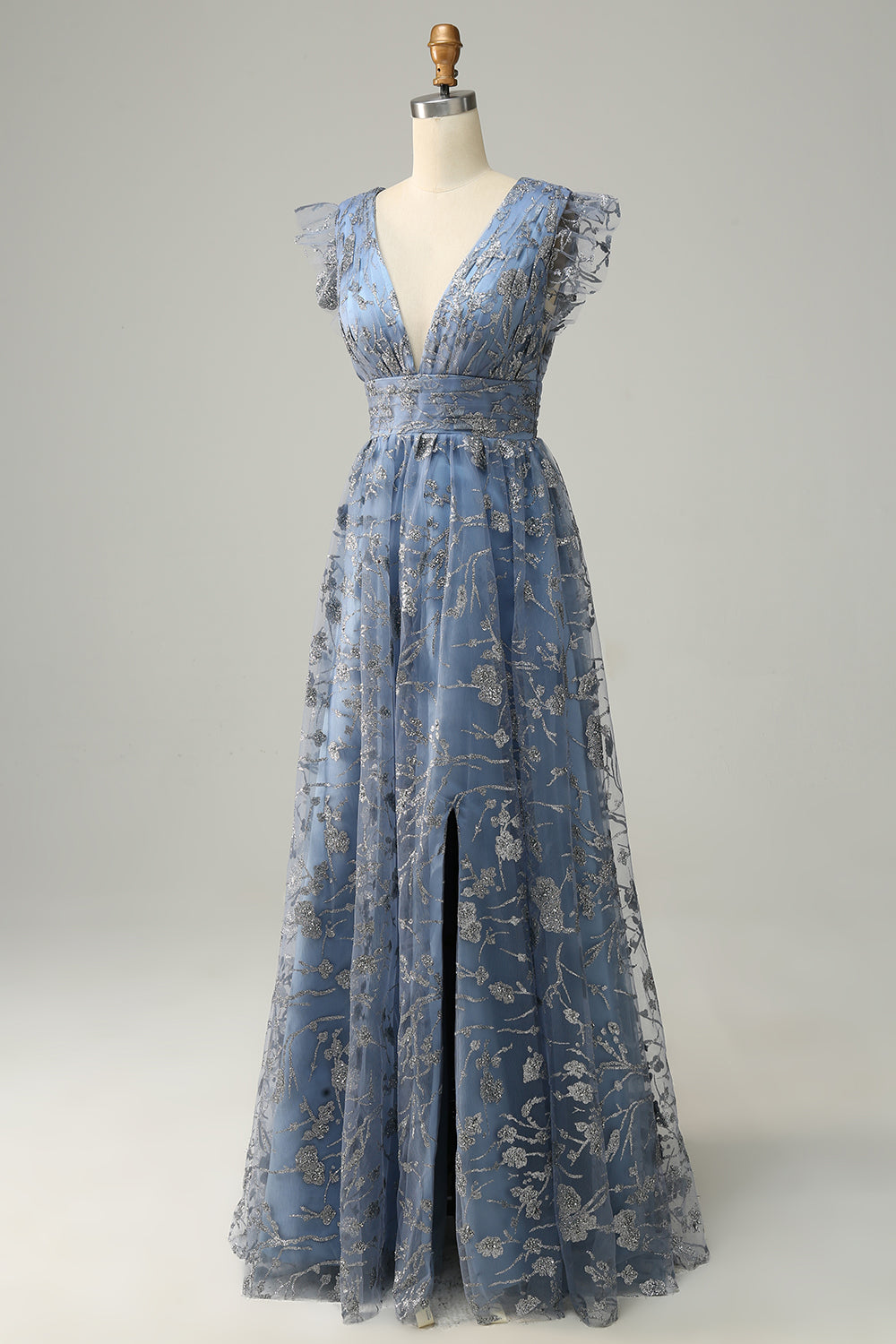 A Line Deep V Neck Grey Blue Plus Size Prom Dress with Sequins