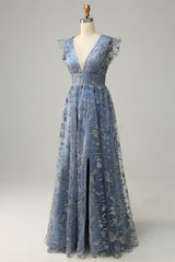 A Line Deep V Neck Grey Blue Plus Size Prom Dress with Sequins