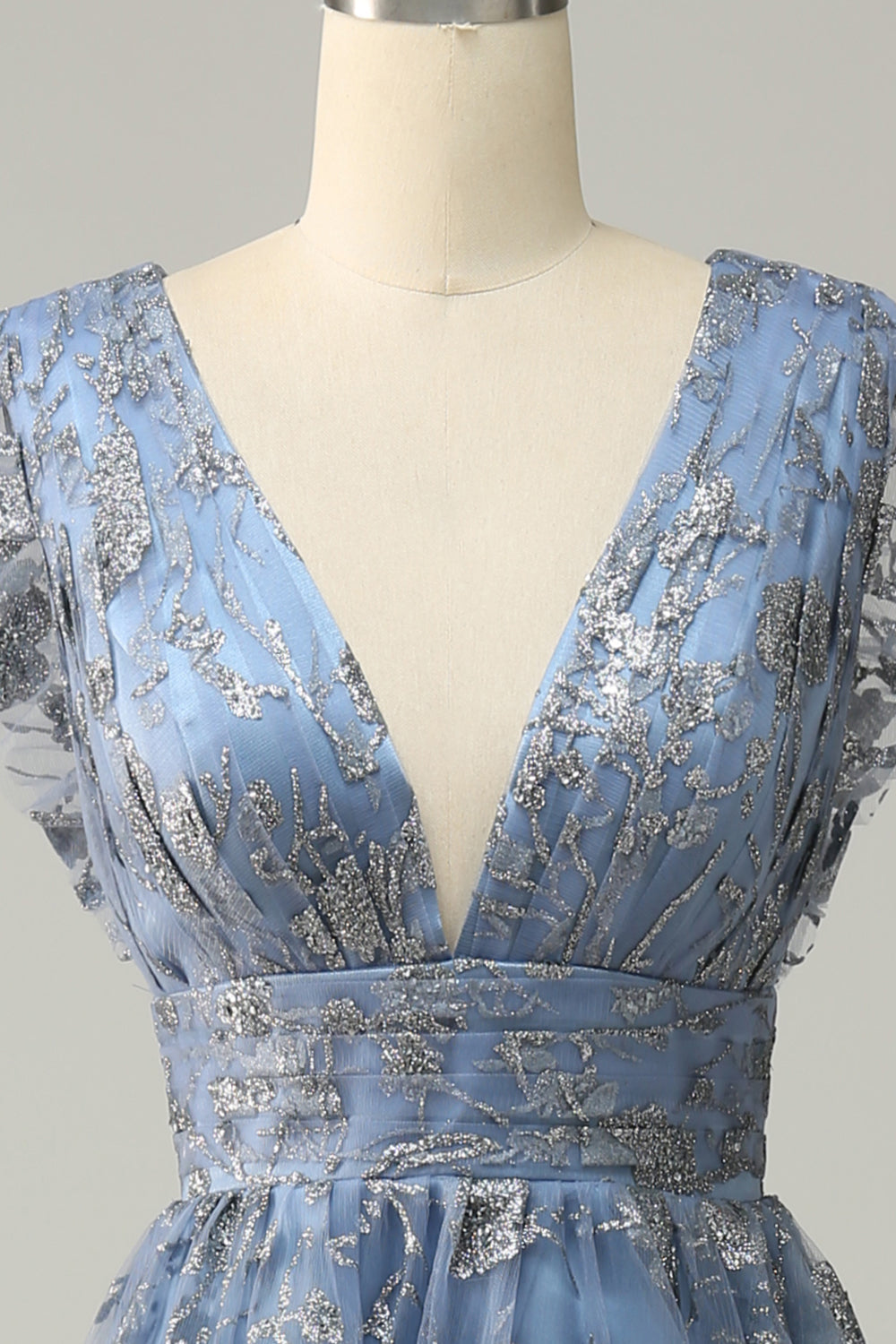 A Line Deep V Neck Grey Blue Plus Size Prom Dress with Sequins
