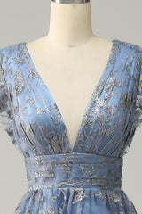 A Line Deep V Neck Grey Blue Plus Size Prom Dress with Sequins
