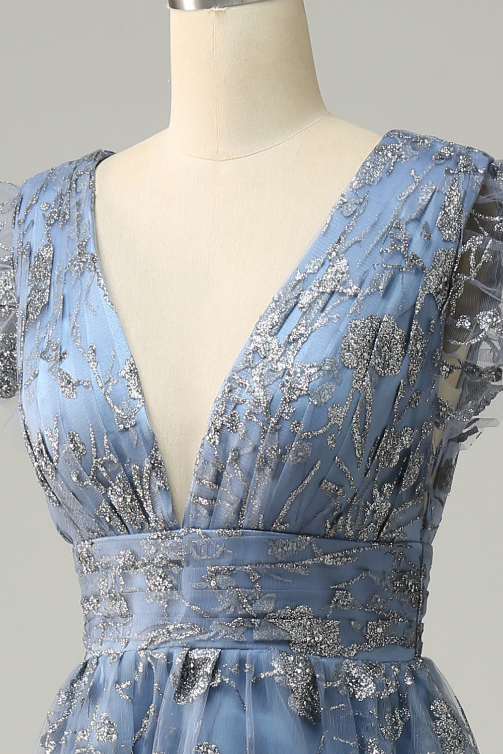 A Line Deep V Neck Grey Blue Plus Size Prom Dress with Sequins