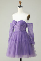 A Line Off the Shoulder Purple Corset Homecoming Dress with Long Sleeves