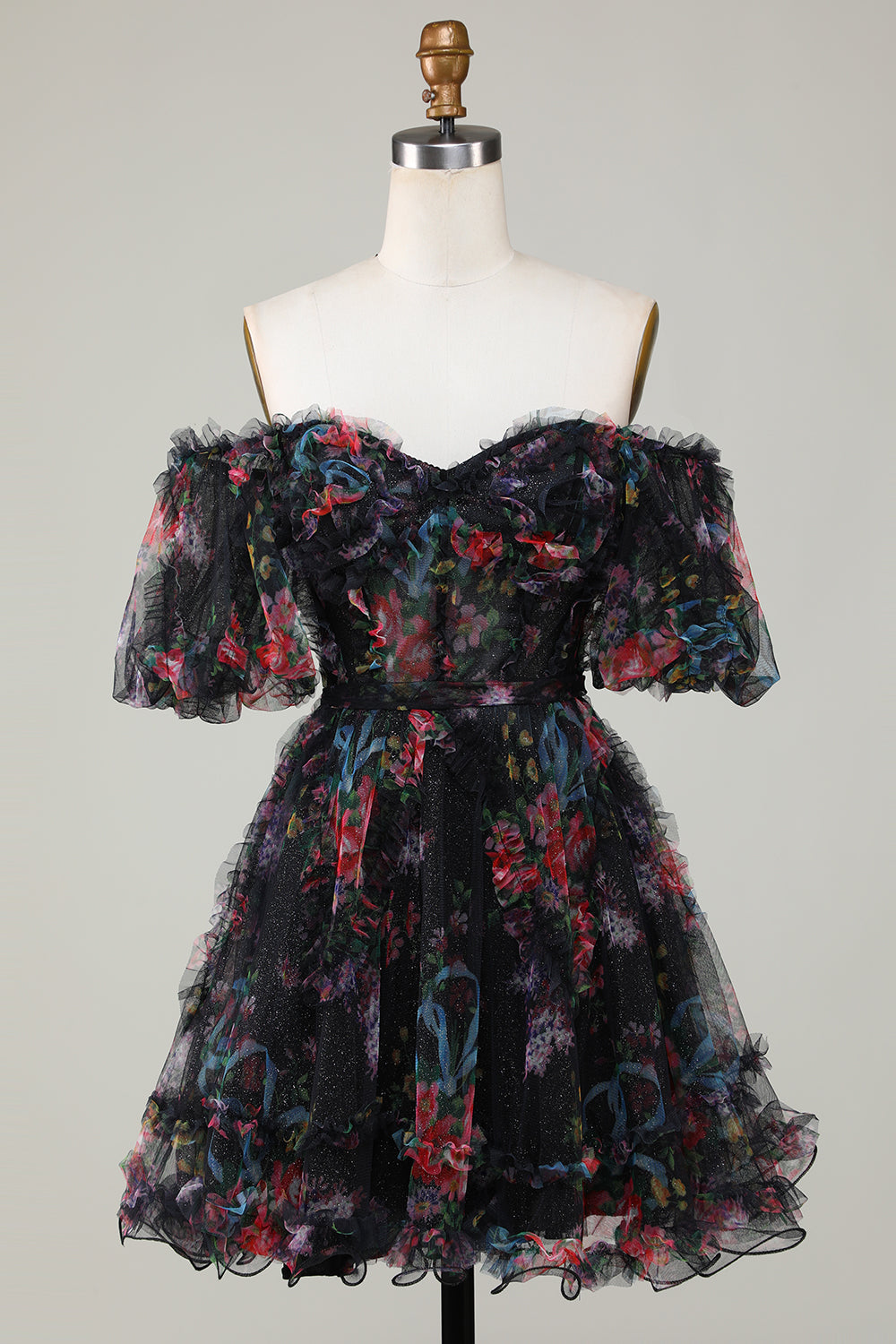 A Line Off the Shoulder Sheer Corset Floral Print Short Homecoming Dress