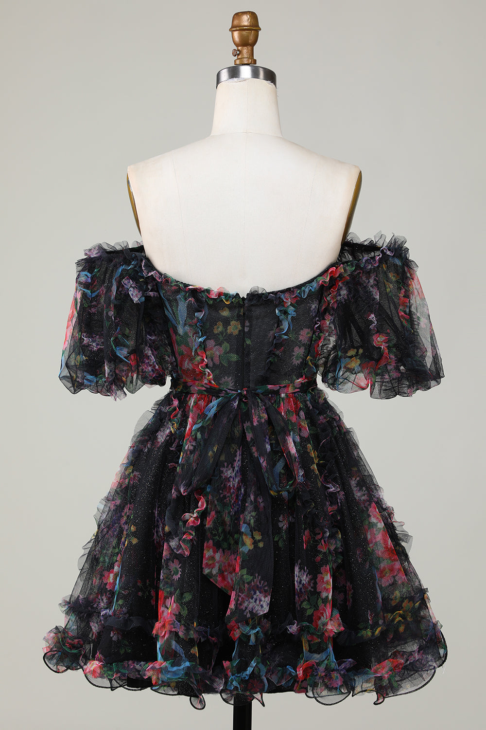 A Line Off the Shoulder Sheer Corset Floral Print Short Homecoming Dress