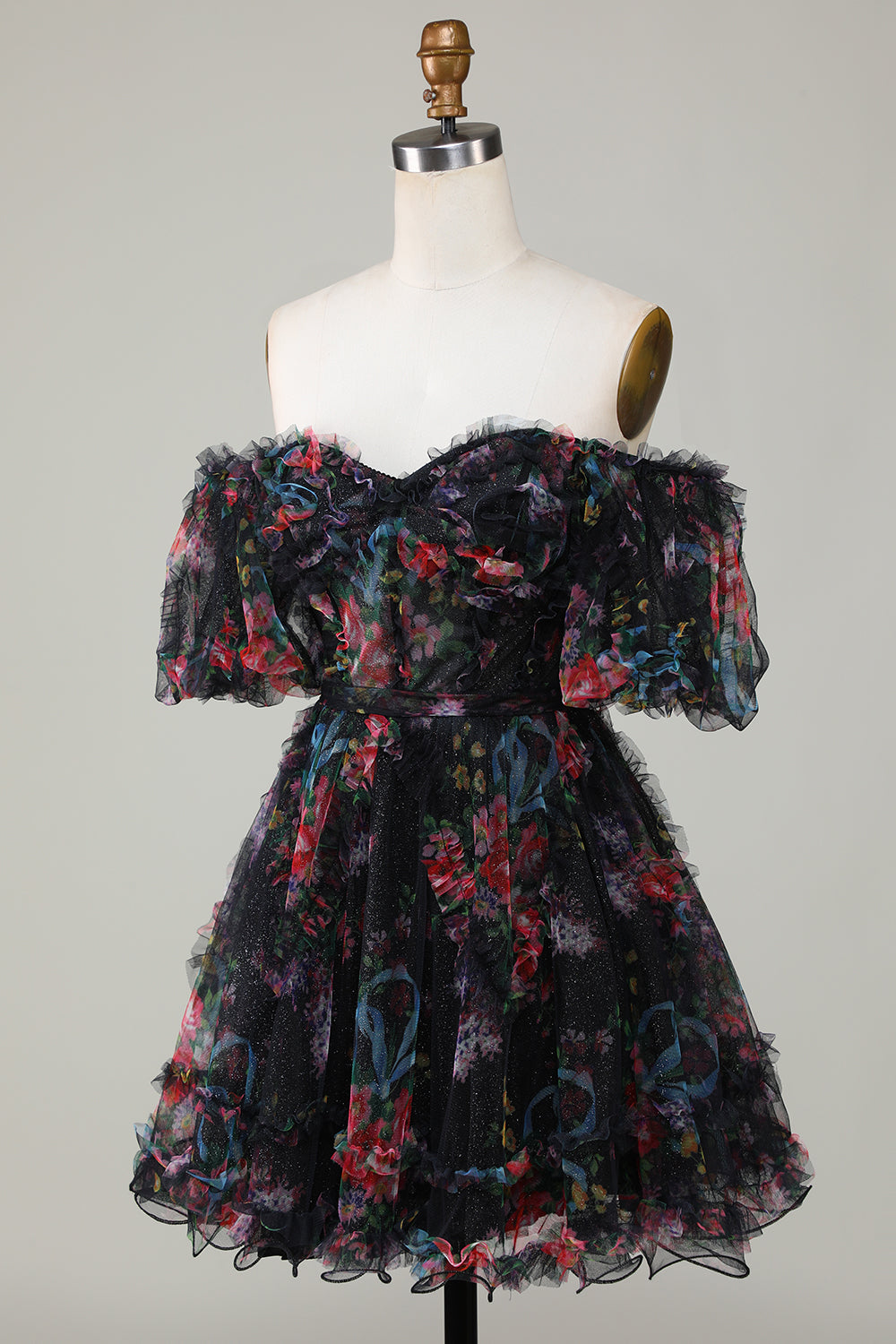 A Line Off the Shoulder Sheer Corset Floral Print Short Homecoming Dress